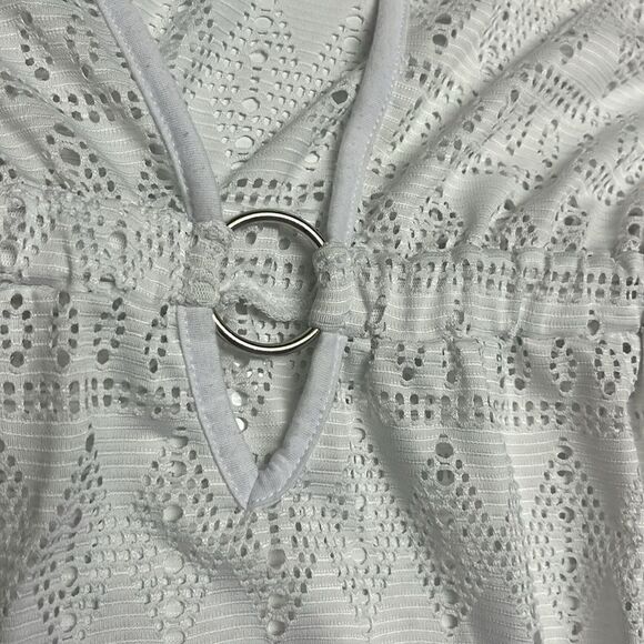 Tropical Escape White Eyelet Swim Plunging V-Neck Coverup w/Shirt Sleeves- 1X - Picture 8 of 10